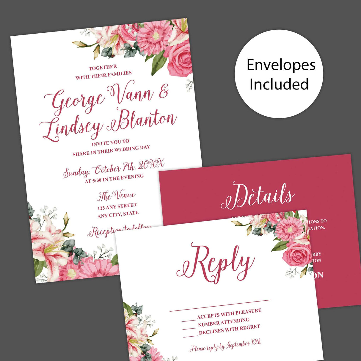 Wedding invitation with watercolor stargazer lilies, roses, and vibrant pink floral accents. Features elegant script fonts on soft white textured cardstock. Perfect for spring or summer weddings. Invitation, RSVP and Detail Card