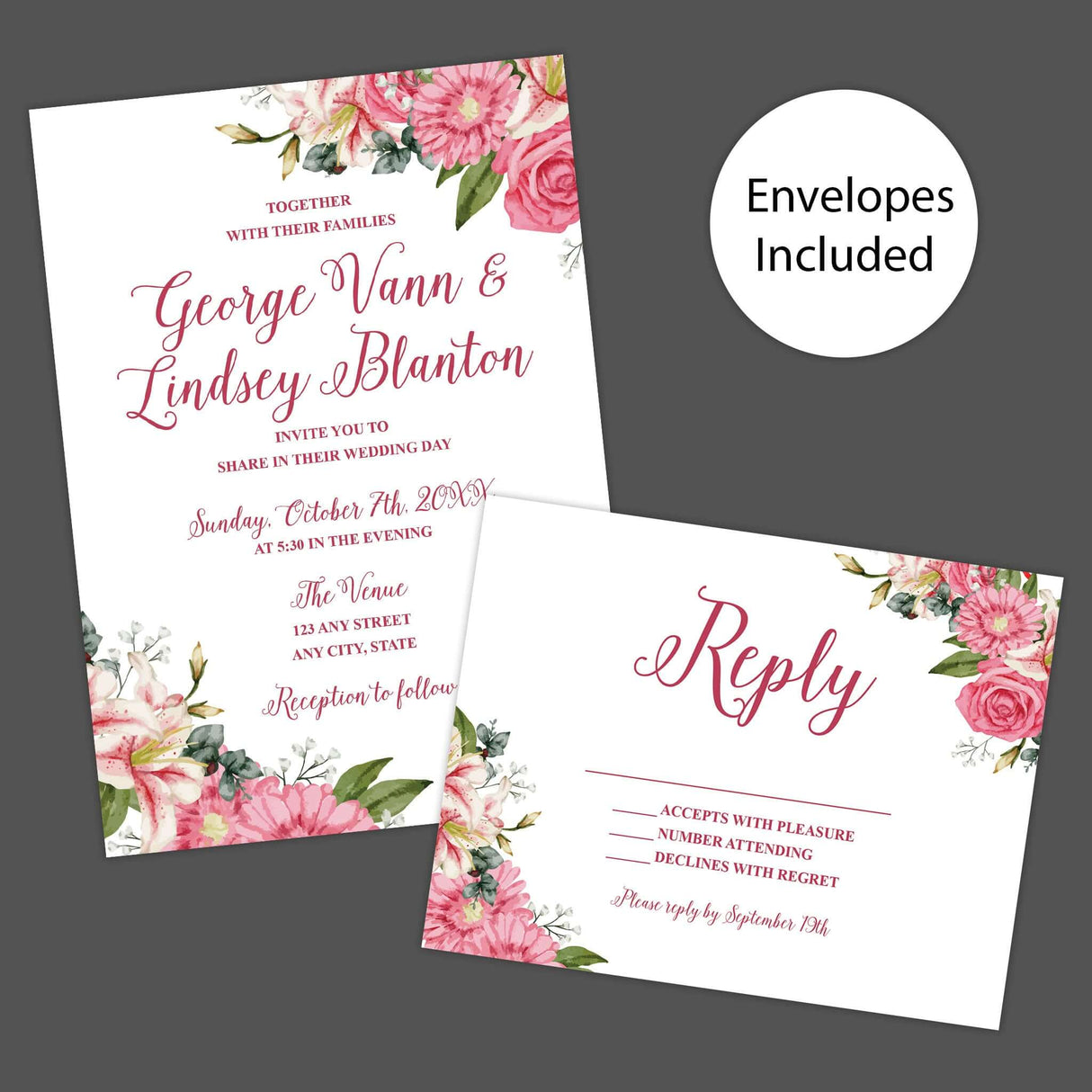 Wedding invitation with watercolor stargazer lilies, roses, and vibrant pink floral accents. Features elegant script fonts on soft white textured cardstock. Perfect for spring or summer weddings. Invitation and RSVP