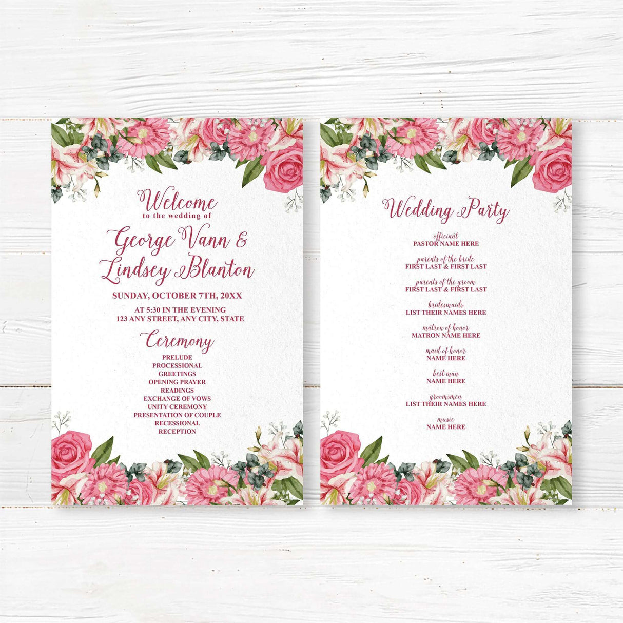Wedding program card with pink stargazer lilies and roses in watercolor style. Includes ceremony timeline and wedding party info. Matches Stargazer Spring suite.