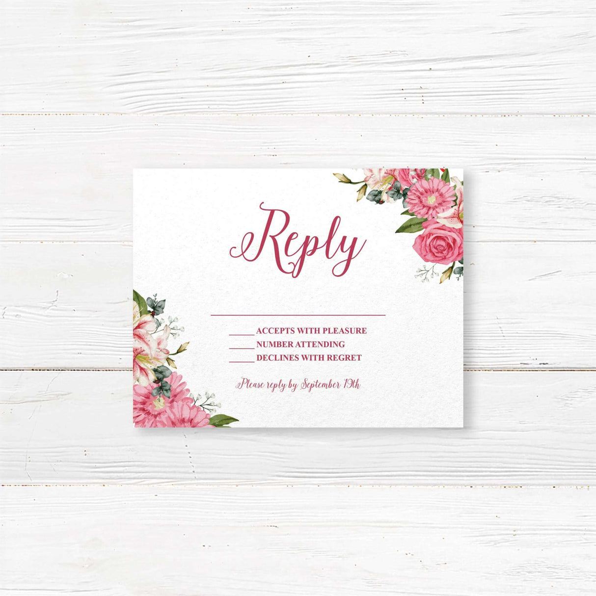 RSVP card with watercolor stargazer lilies and pink roses, featuring elegant serif fonts on white cardstock. Coordinates with Stargazer Spring wedding suite.
