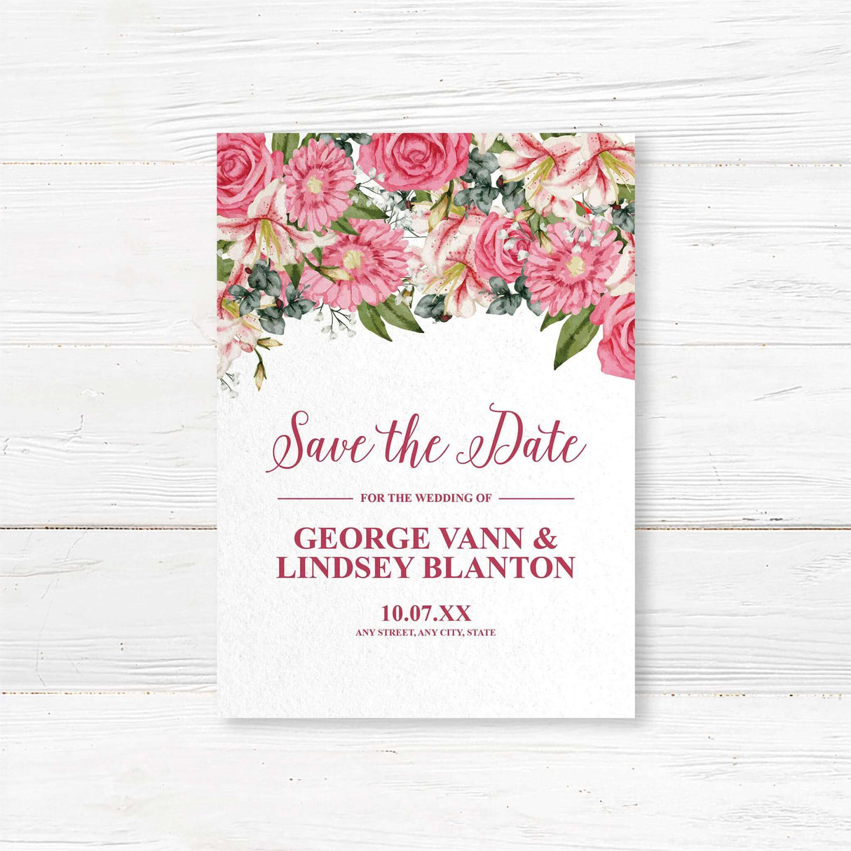 Save the Date card with vibrant pink watercolor stargazer lilies and roses. Features serif fonts on white cardstock. Matches Stargazer Spring invitation suite.