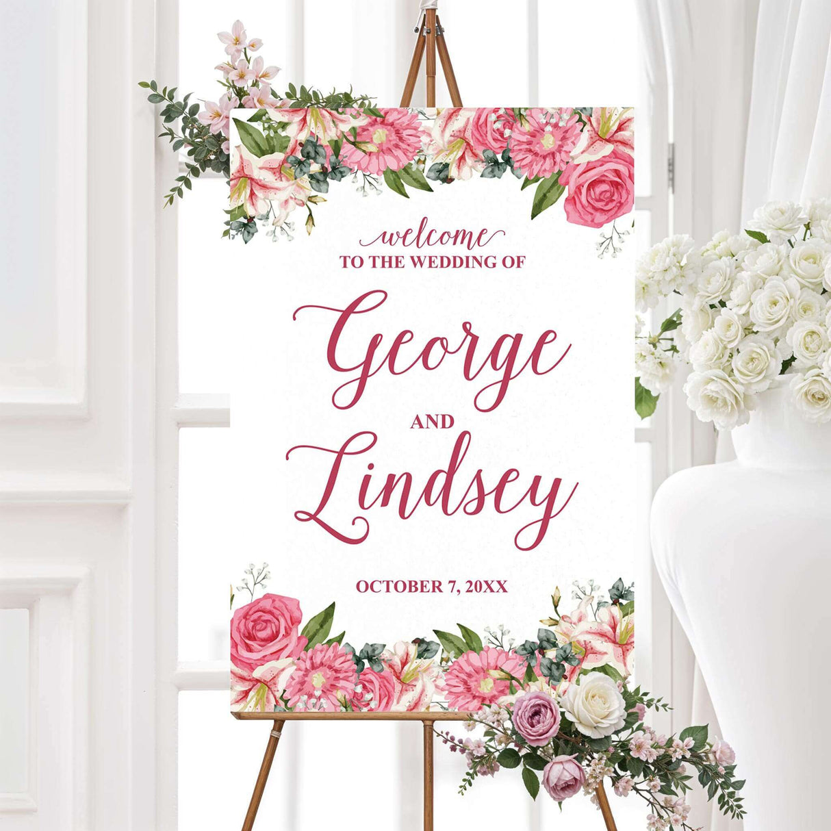 Wedding welcome sign with watercolor stargazer lilies and roses in pink tones, paired with elegant fonts. A perfect match for Stargazer Spring wedding suite.