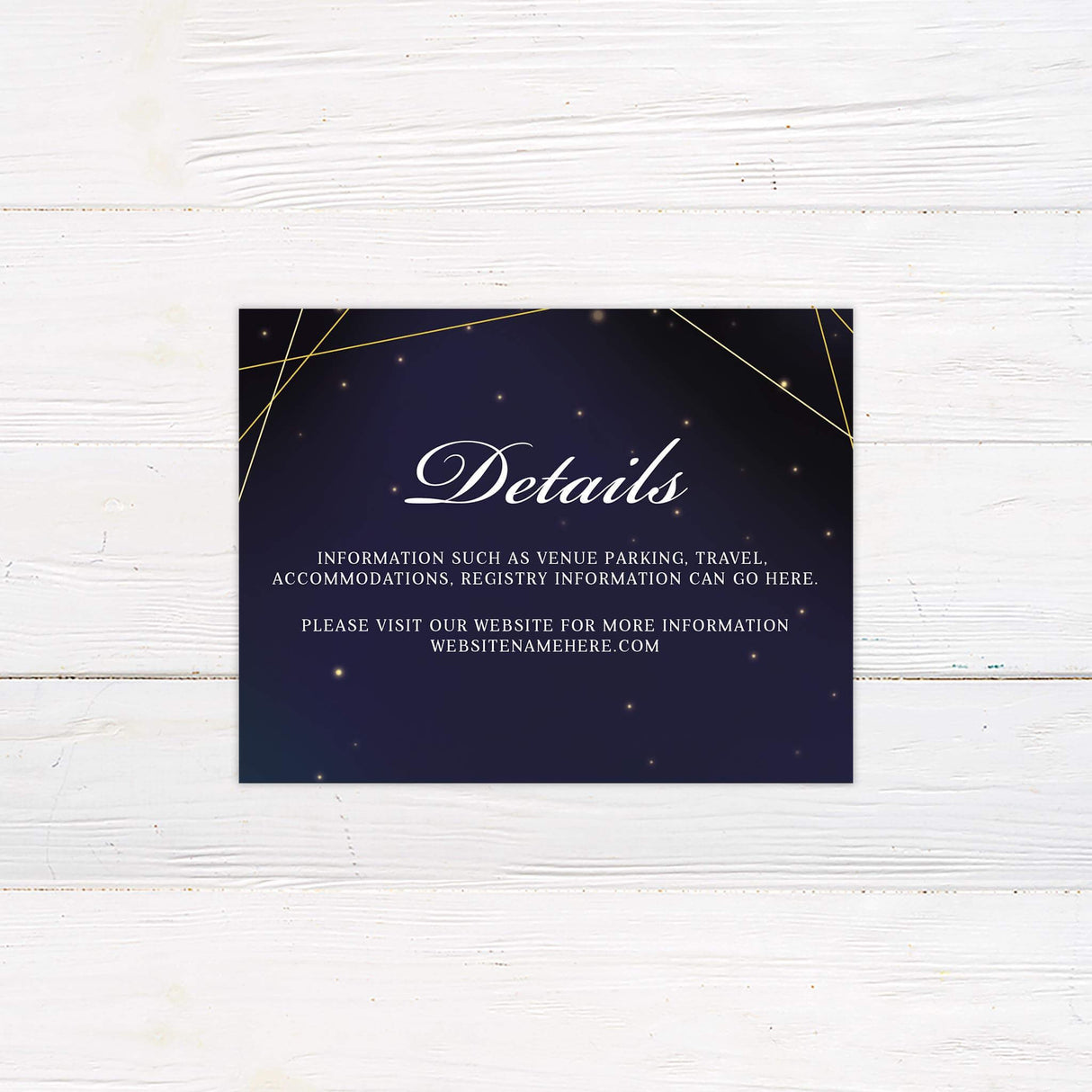 Detail card with celestial theme to share accommodations, schedule, and directions.