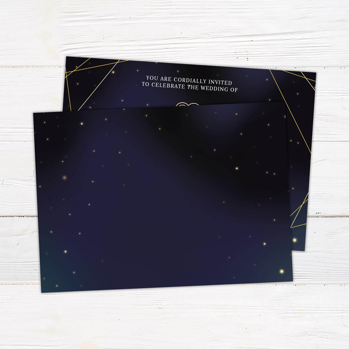 Starry night wedding invitation with navy blue background, gold lines, star accents, and classic white serif and script fonts.- back side