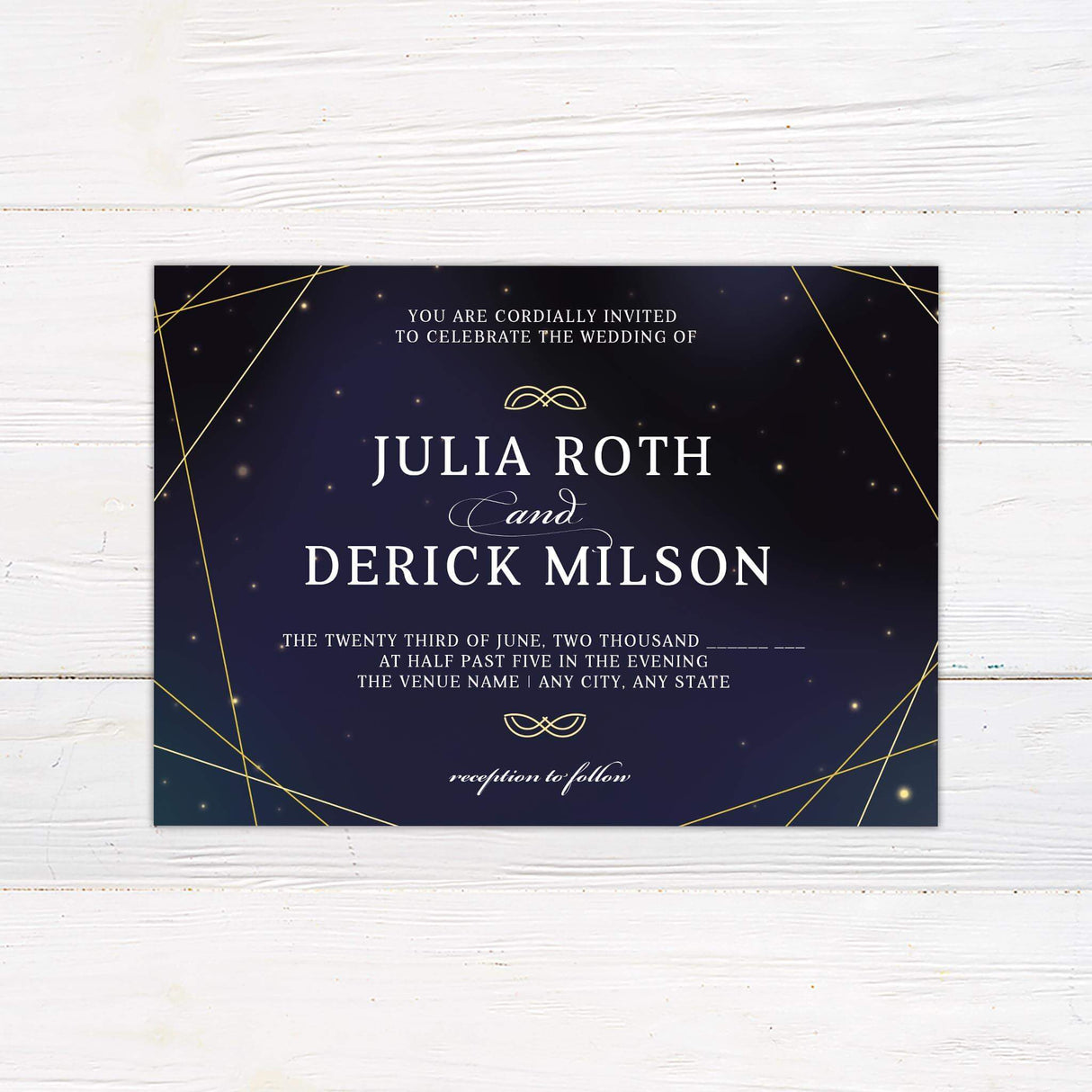 Starry night wedding invitation with navy blue background, gold lines, star accents, and classic white serif and script fonts.