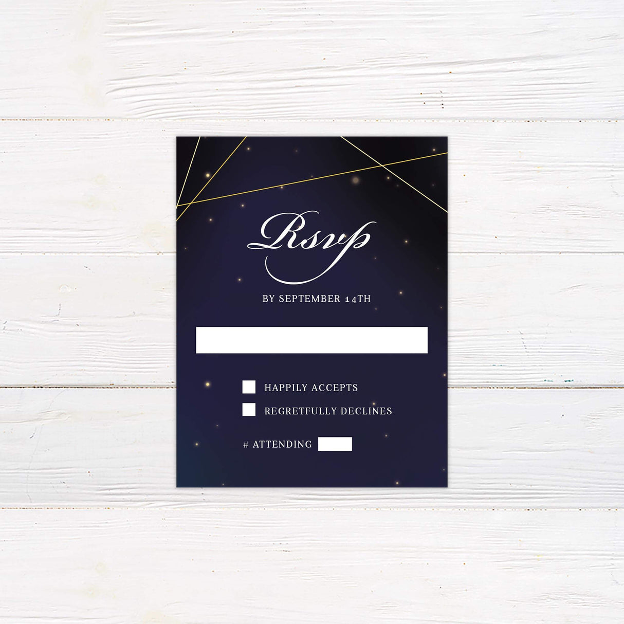 Matching RSVP card with starry navy background and coordinating gold accents.