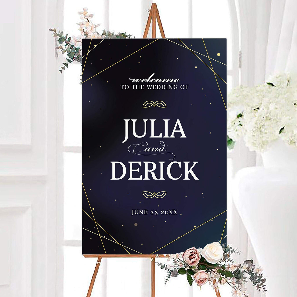 Navy blue starry night wedding welcome sign with white lettering, gold stars, and geometric gold line accents. The personalized design features the couple’s names and wedding date.