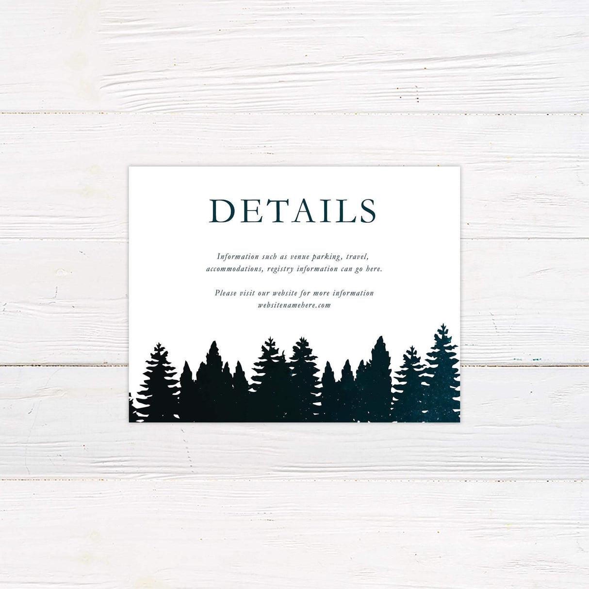 Wedding detail card featuring matching night sky background and treeline artwork, ideal for sharing venue, directions, or accommodations.