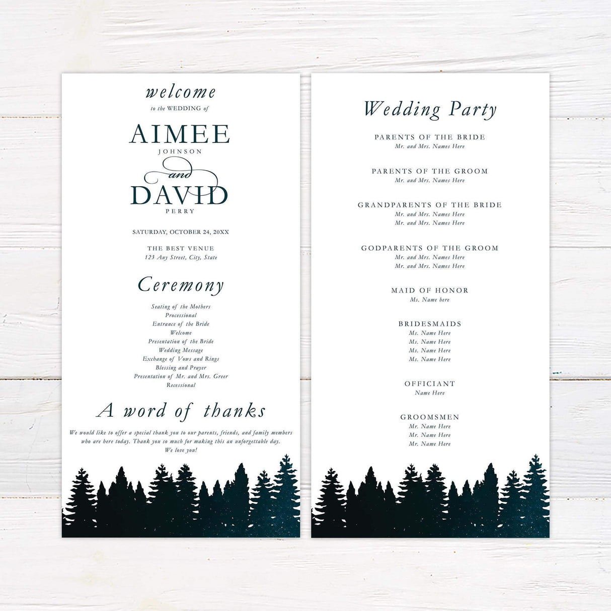 Wedding ceremony program with celestial stars and pine forest design, coordinating with the Starry Treeline invitation suite.