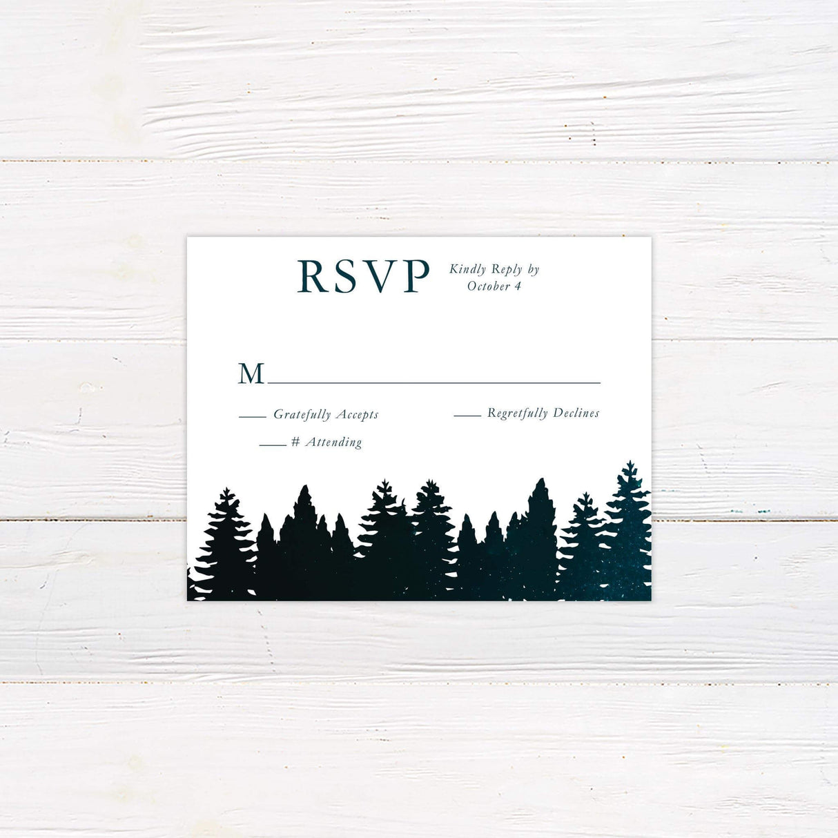 RSVP card with a starry sky and forest silhouette to match the Starry Treeline wedding suite, using classic and script fonts.