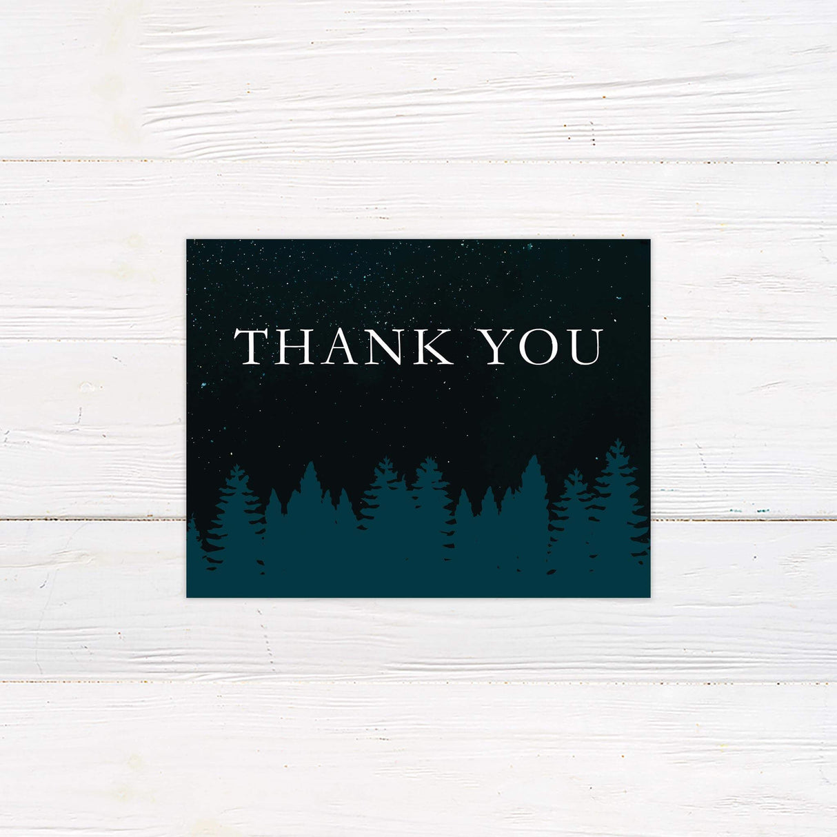 Thank you card from the Starry Treeline suite with romantic night sky and forest edge, perfect for an outdoor or mountain wedding.