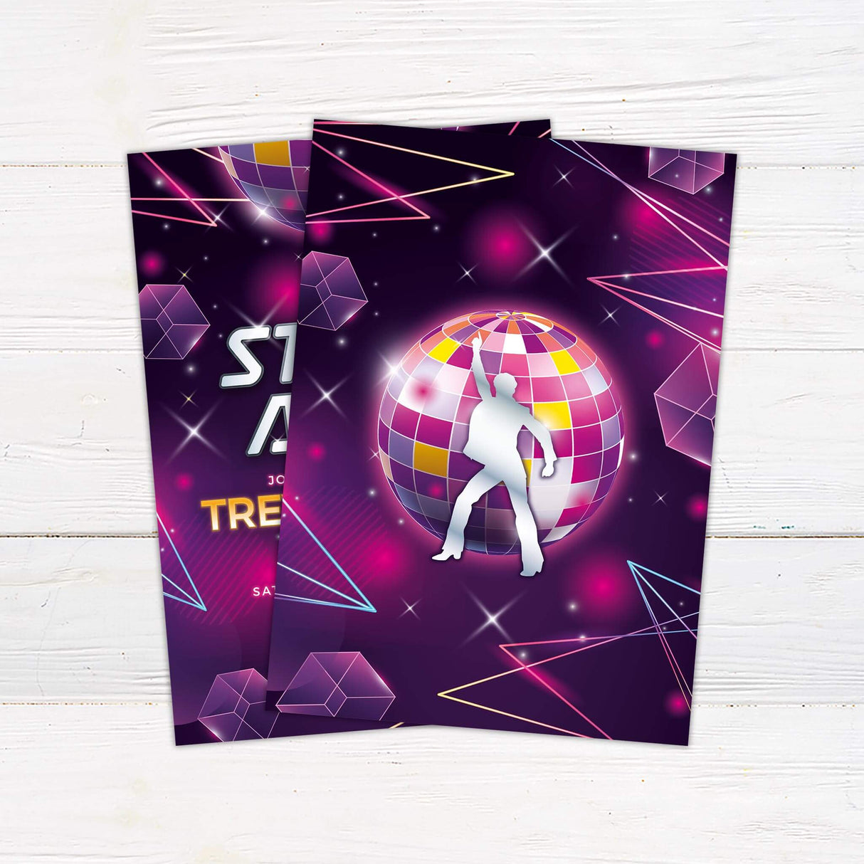 Disco-themed birthday party invitation featuring a retro "Stayin' Alive" design with a mirrored disco ball, neon lights, and a dancing silhouette. The text includes the celebrant's name, event details, and location in a bold, futuristic font. The background has vibrant purple, pink, and blue hues with geometric shapes and glowing accents, creating a fun and energetic 70s-inspired atmosphere. Back.