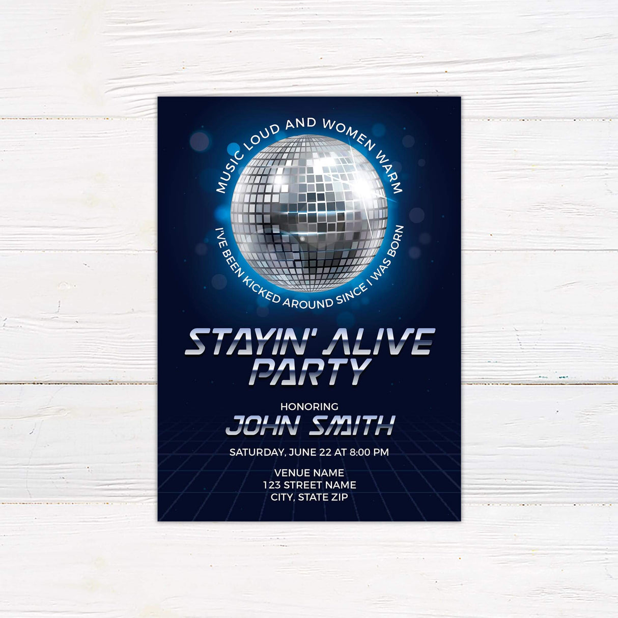 Disco-themed party invitation featuring a reflective silver disco ball with a glowing blue aura against a dark background. The phrase "Stayin’ Alive Party" is displayed in bold, retro-style metallic text. Surrounding the disco ball are lyrics in white, curved text. Below, event details including the honoree’s name, date, time, and location are presented in a sleek, futuristic font. The design captures a fun and energetic vibe, perfect for a disco or retro-themed celebration.
