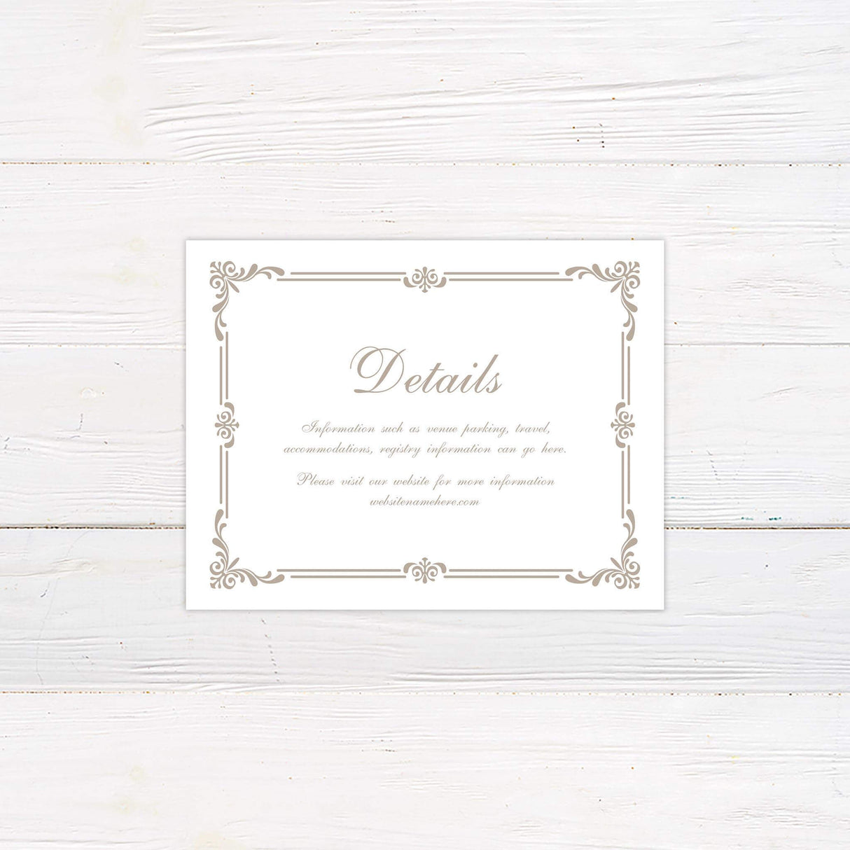 Fairytale-style detail card with ornate border and elegant text layout, designed to match the Storybook wedding suite.