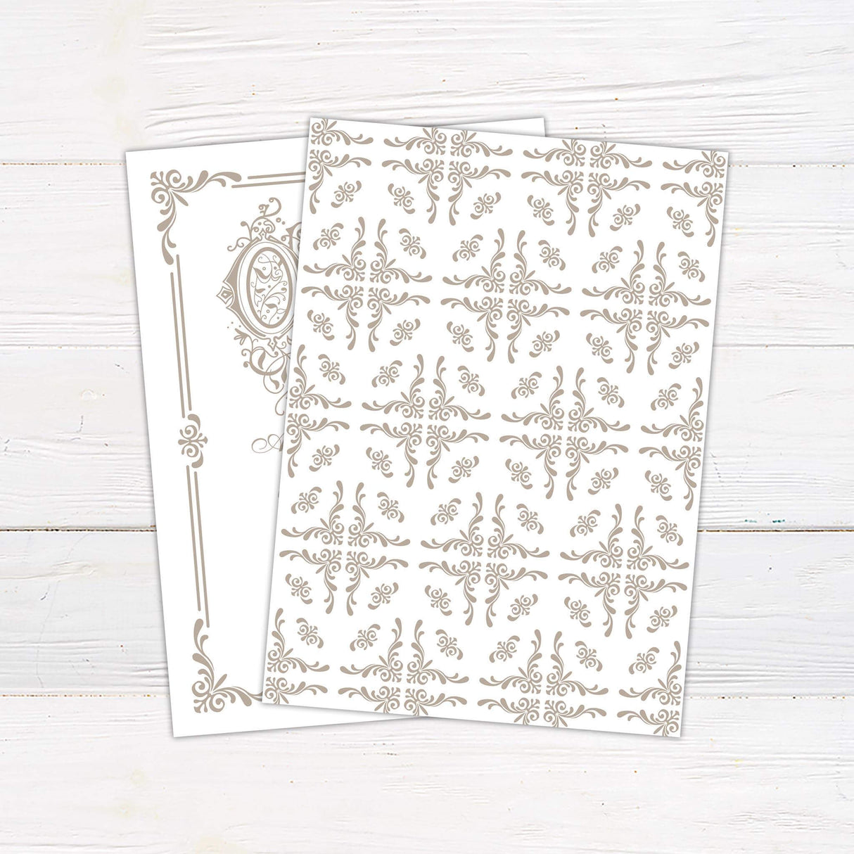 Storybook wedding invitation with “Once Upon a Time” heading and ornate beige scrollwork frame on white background, featuring elegant serif and script fonts.