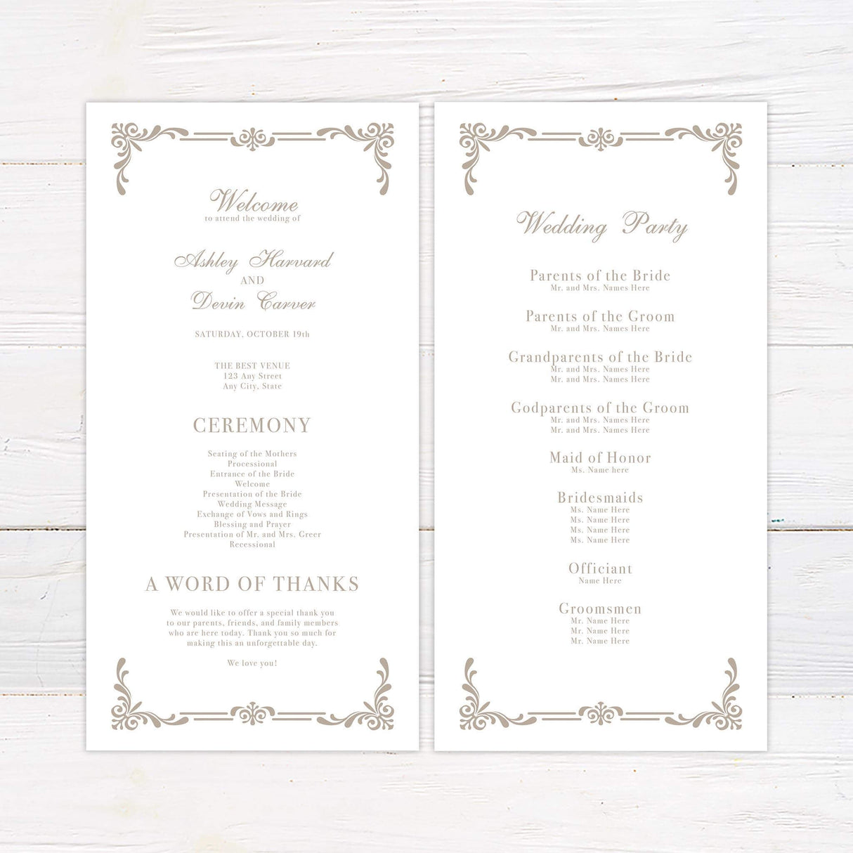 Wedding ceremony program with scroll border and romantic typography in beige tones, coordinating with the Storybook invitation.