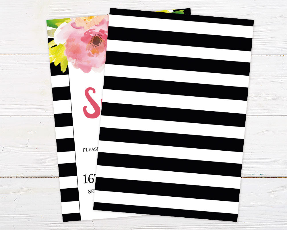 Striped Birthday Party Invitation with black and white stripes and watercolor florals for a sweet 16 celebration.