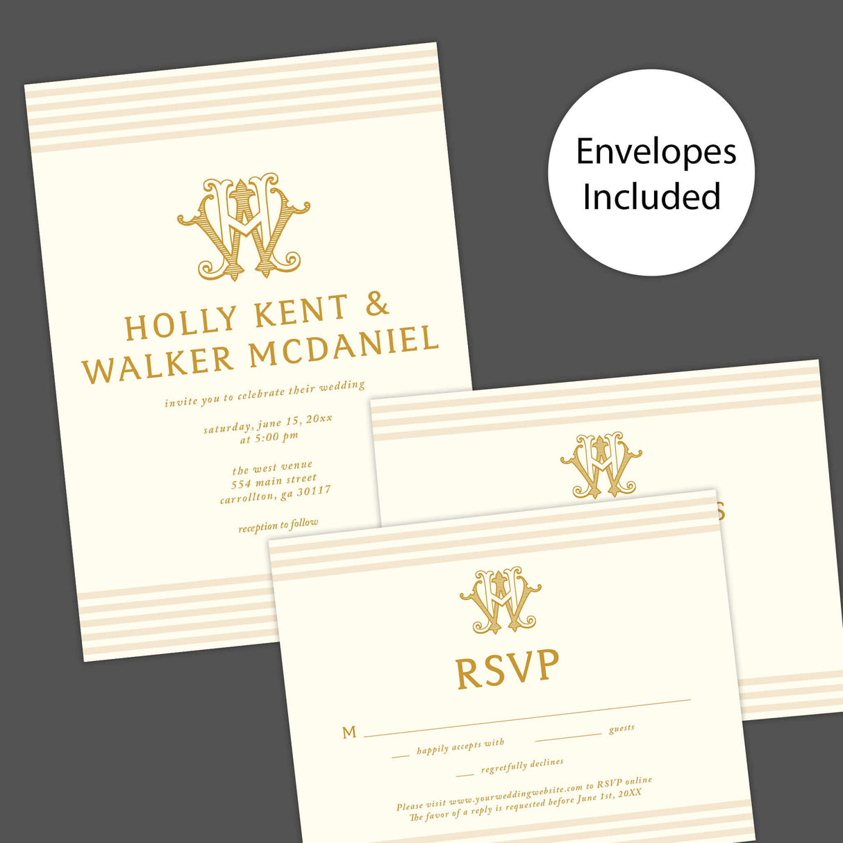 Elegant cream and gold wedding invitation featuring a decorative gold monogram crest at the top, horizontal neutral stripes on the top and bottom edges, and classic serif typography, ideal for formal weddings. Invite, RSVP and Details