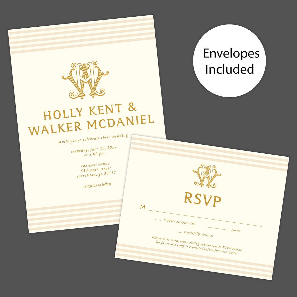 Elegant cream and gold wedding invitation featuring a decorative gold monogram crest at the top, horizontal neutral stripes on the top and bottom edges, and classic serif typography, ideal for formal weddings. invite and RSVP