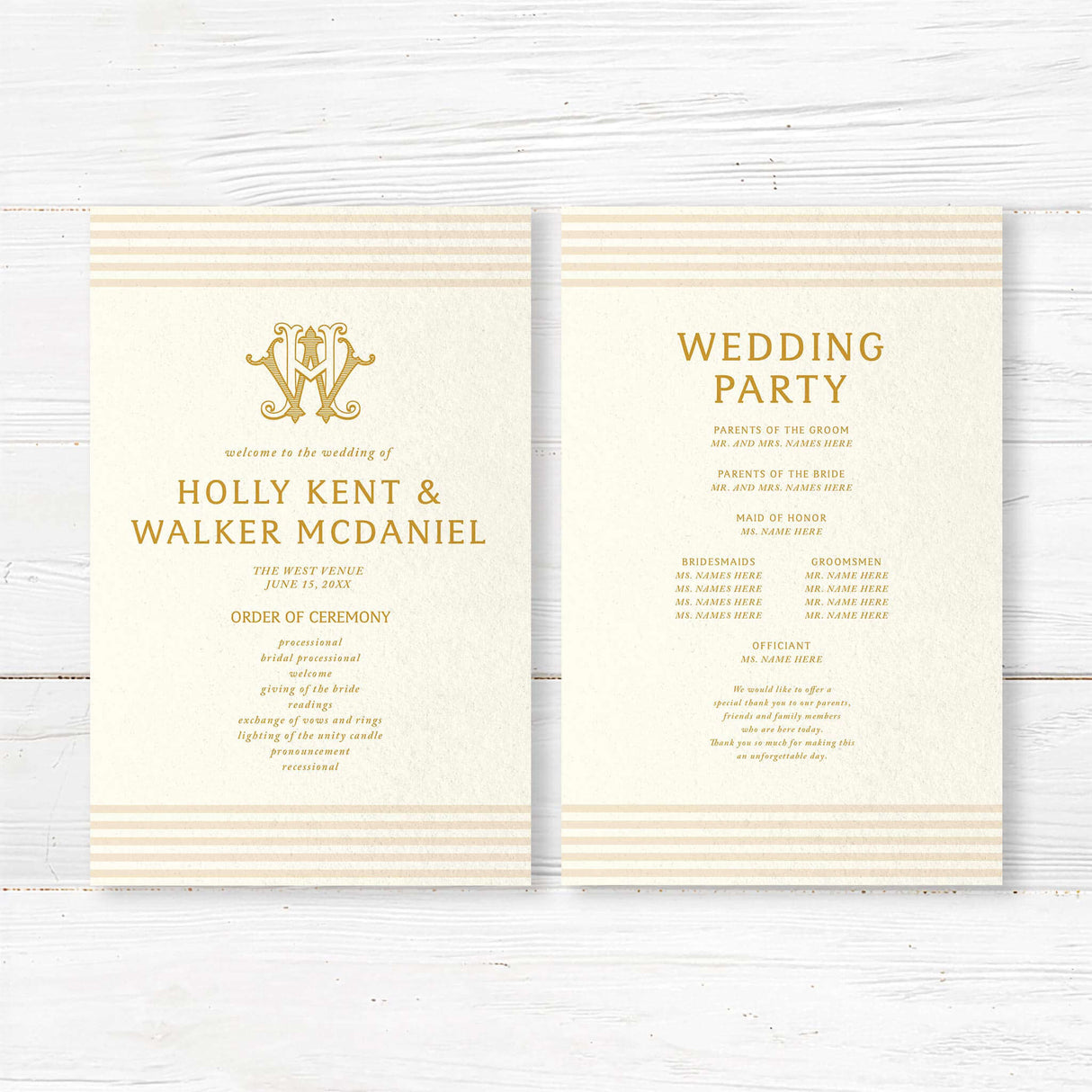 Cream wedding program with horizontal neutral stripes, elegant gold serif text, and classic layout matching a gold monogram invitation suite for a formal ceremony.