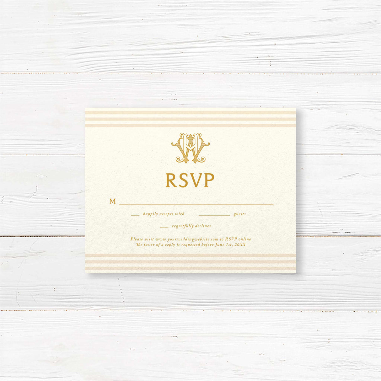 Elegant printed wedding RSVP card with gold serif text, neutral stripe borders, and a cream background designed to match a formal gold monogram invitation suite.