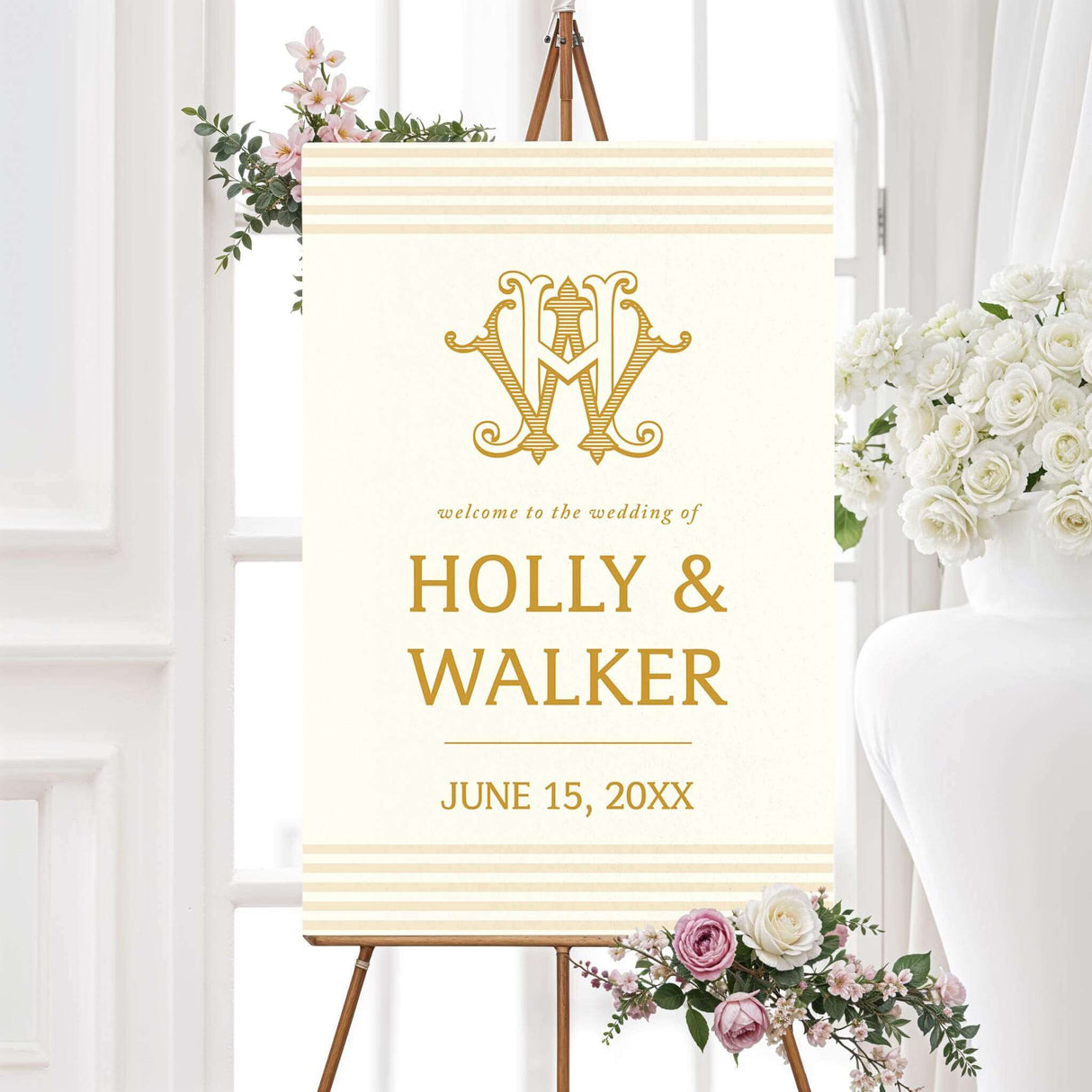Wedding welcome sign with gold monogram, horizontal neutral stripes, cream background, and elegant serif fonts, matching a formal gold and cream wedding stationery suite.
