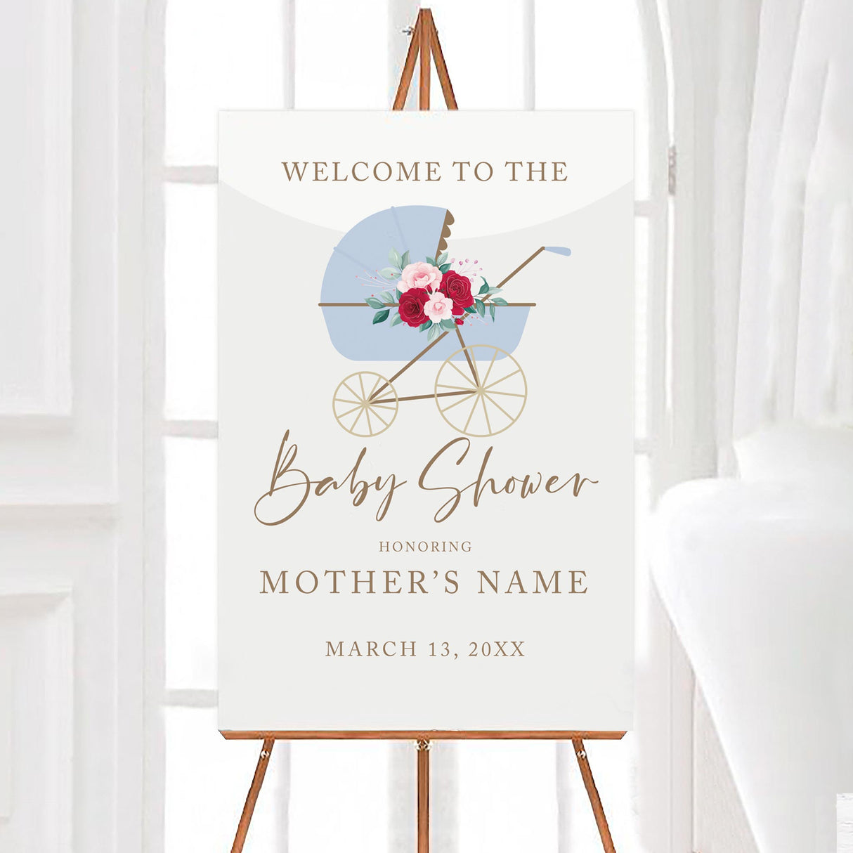 A stroller baby shower welcome sign featuring a blue vintage baby stroller with floral accents. The design has soft colors and elegant typography.