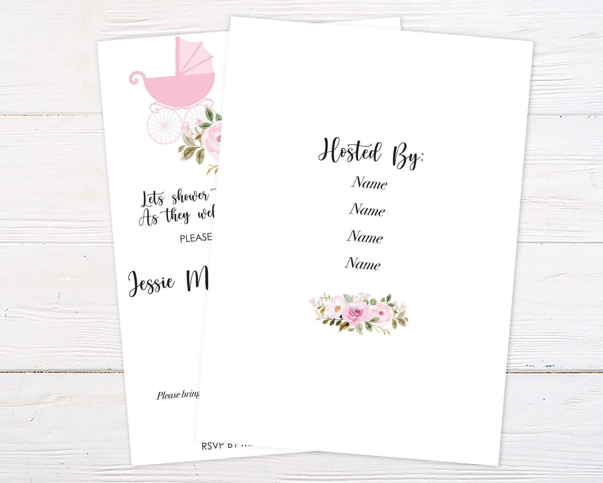 Baby shower invitation for best friends featuring pink baby carriages, a floral arrangement, and elegant script on a white background. The design includes soft pastel colors and delicate typography, creating a warm and celebratory feel. Event details such as date, time, location, and RSVP information are beautifully arranged. A heartfelt message invites guests to shower the moms-to-be with love and gifts. Back.