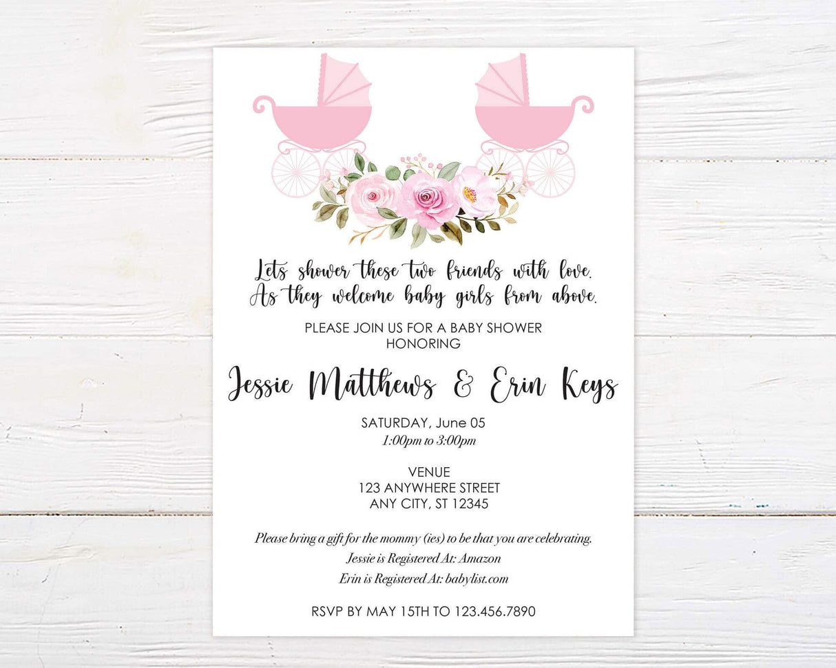 Baby shower invitation for best friends featuring pink baby carriages, a floral arrangement, and elegant script on a white background. The design includes soft pastel colors and delicate typography, creating a warm and celebratory feel. Event details such as date, time, location, and RSVP information are beautifully arranged. A heartfelt message invites guests to shower the moms-to-be with love and gifts.