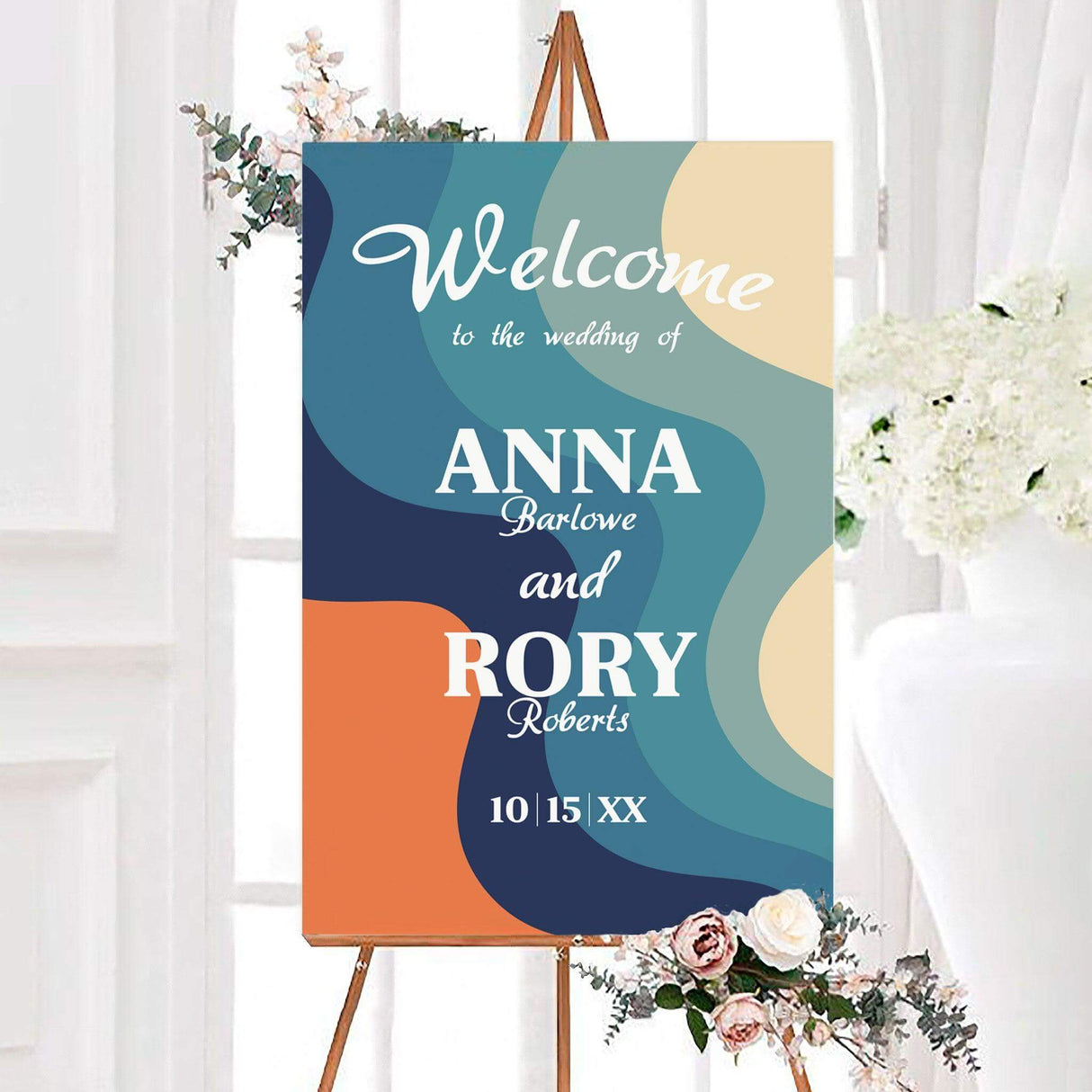 Welcome sign with vibrant 70s-inspired wavy pattern and modern retro text, coordinating with full suite.