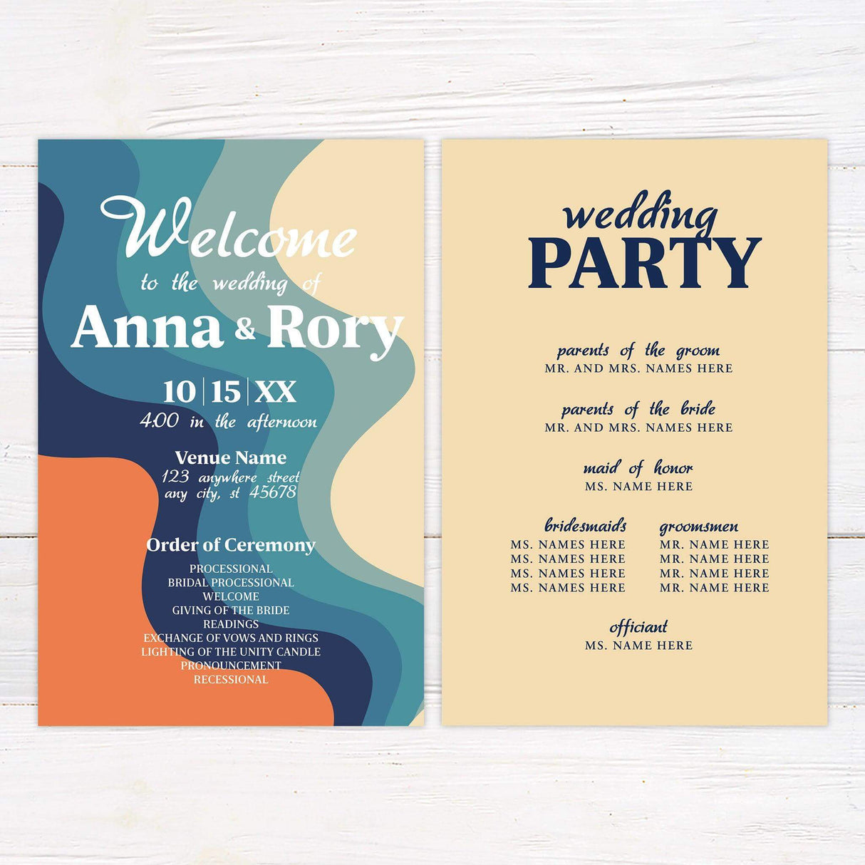 Wedding program with vintage 70s design in bold color blocks and classic retro-style type.