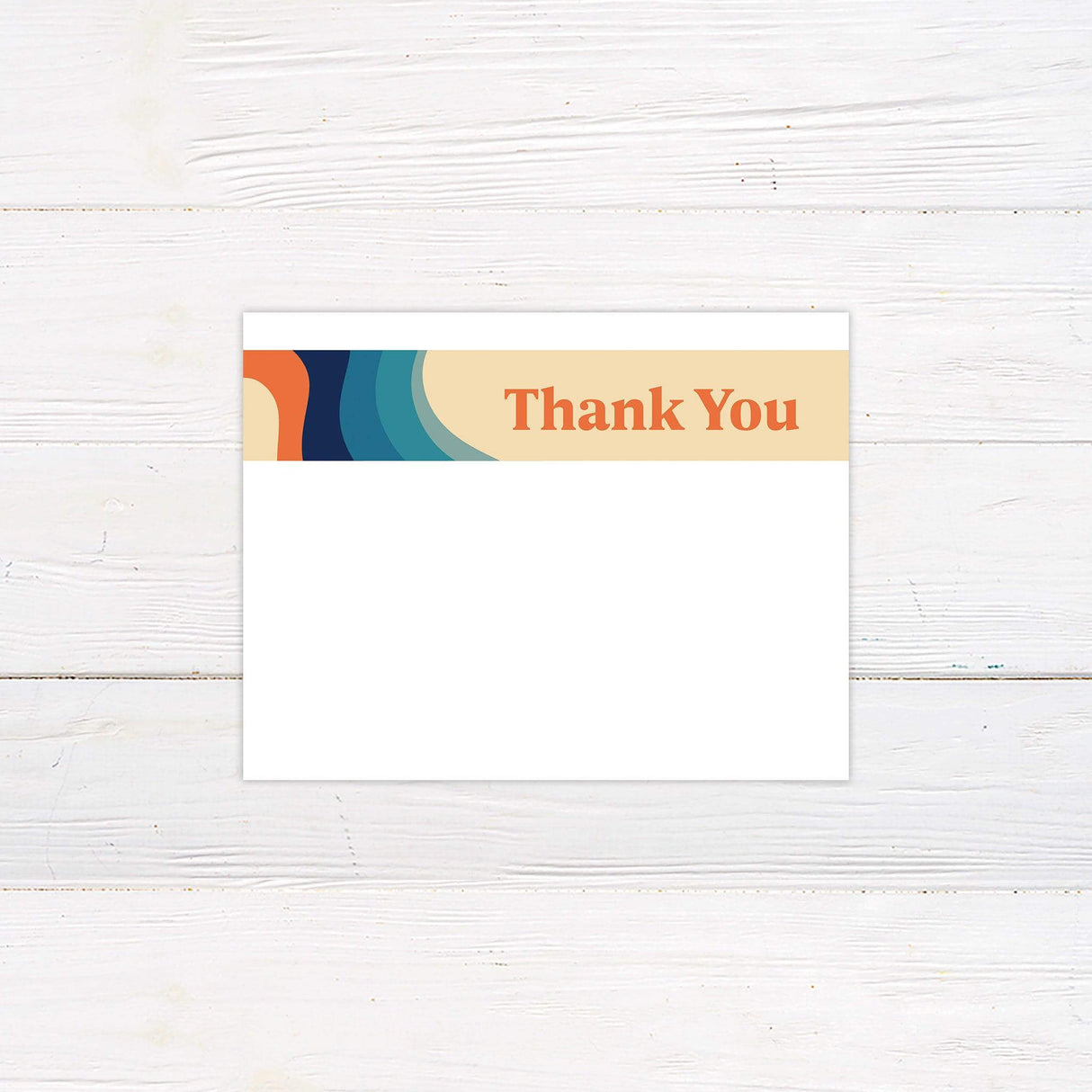 Stylish 70s thank you card with funky multicolored wave accents and playful typography.