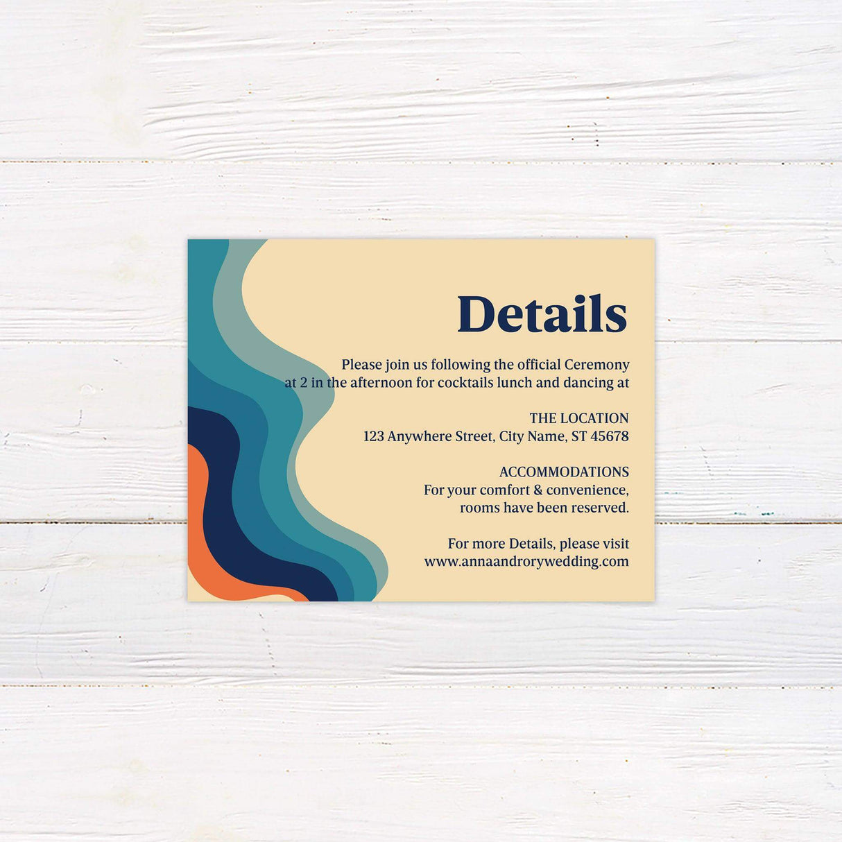 Coordinating wedding detail card with wavy 1970s-inspired pattern in vibrant colors and groovy modern font.