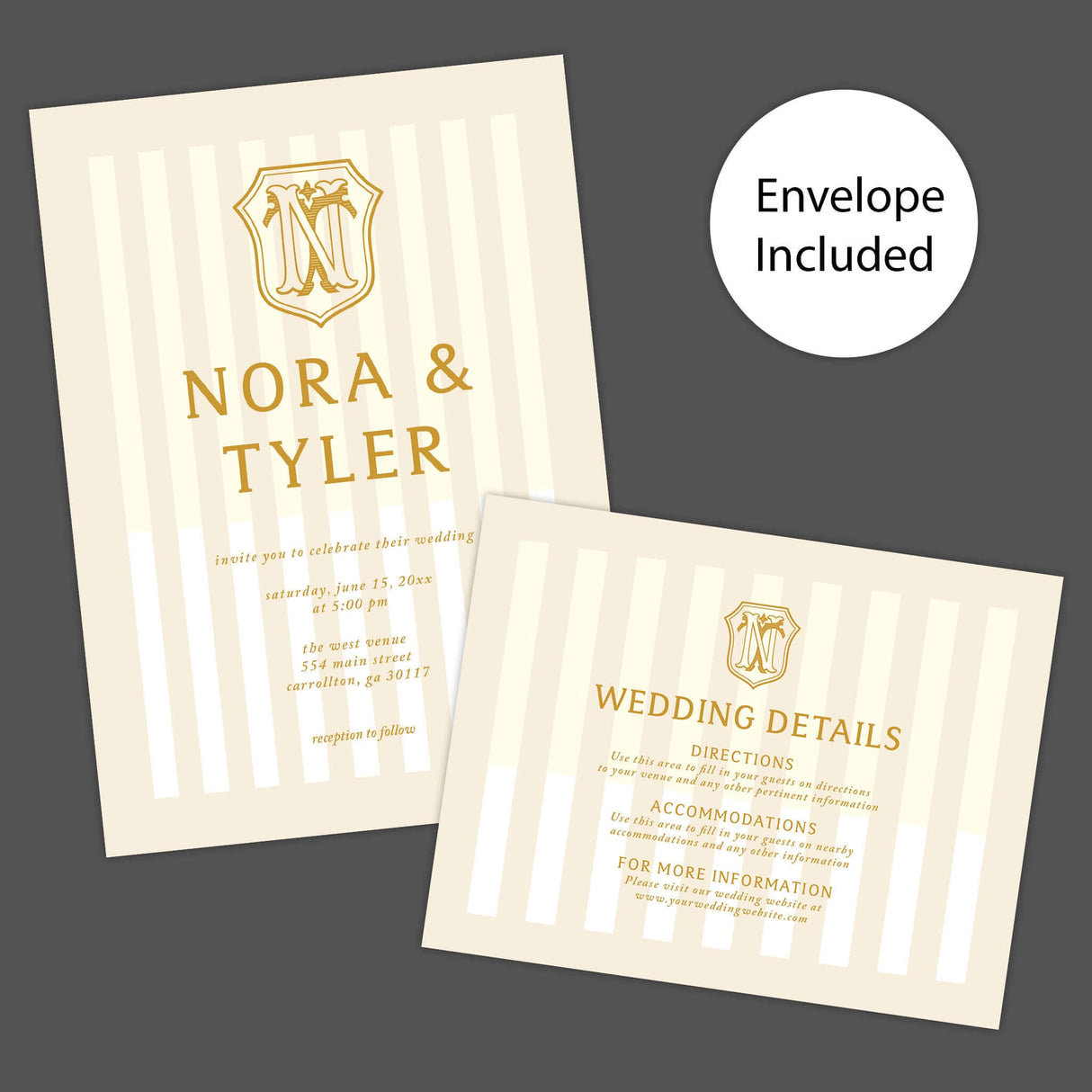 Cream and gold wedding invitation with vertical stripes and vintage-style crest monogram - Invite and Details
