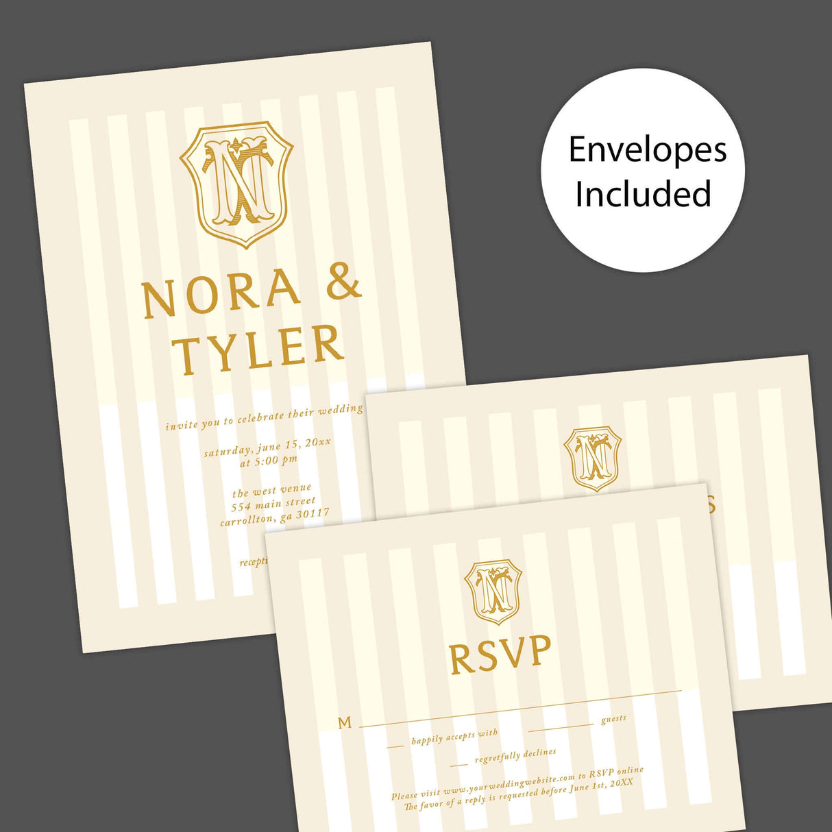 Cream and gold wedding invitation with vertical stripes and vintage-style crest monogram - Invite, RSVP and Details
