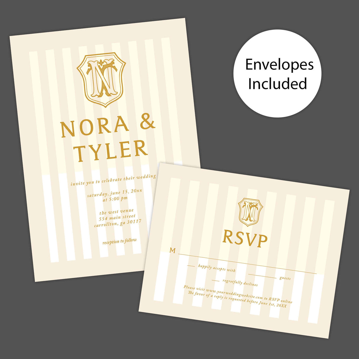 Cream and gold wedding invitation with vertical stripes and vintage-style crest monogram - Invite and RSVP