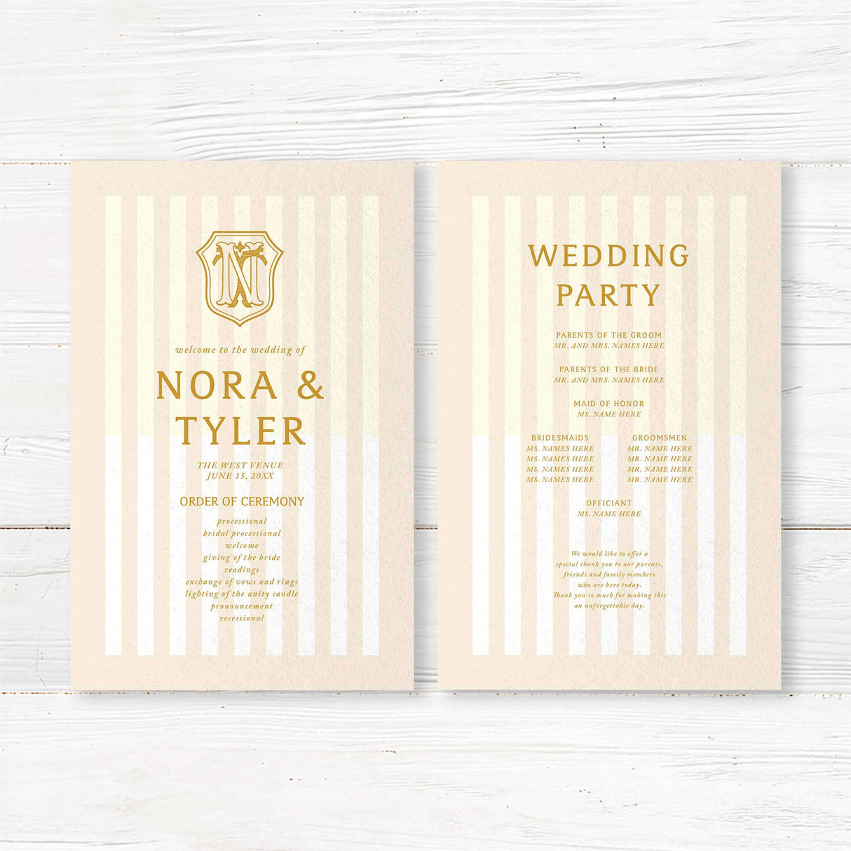 Gold and cream wedding program with vertical stripes and ornate monogram crest