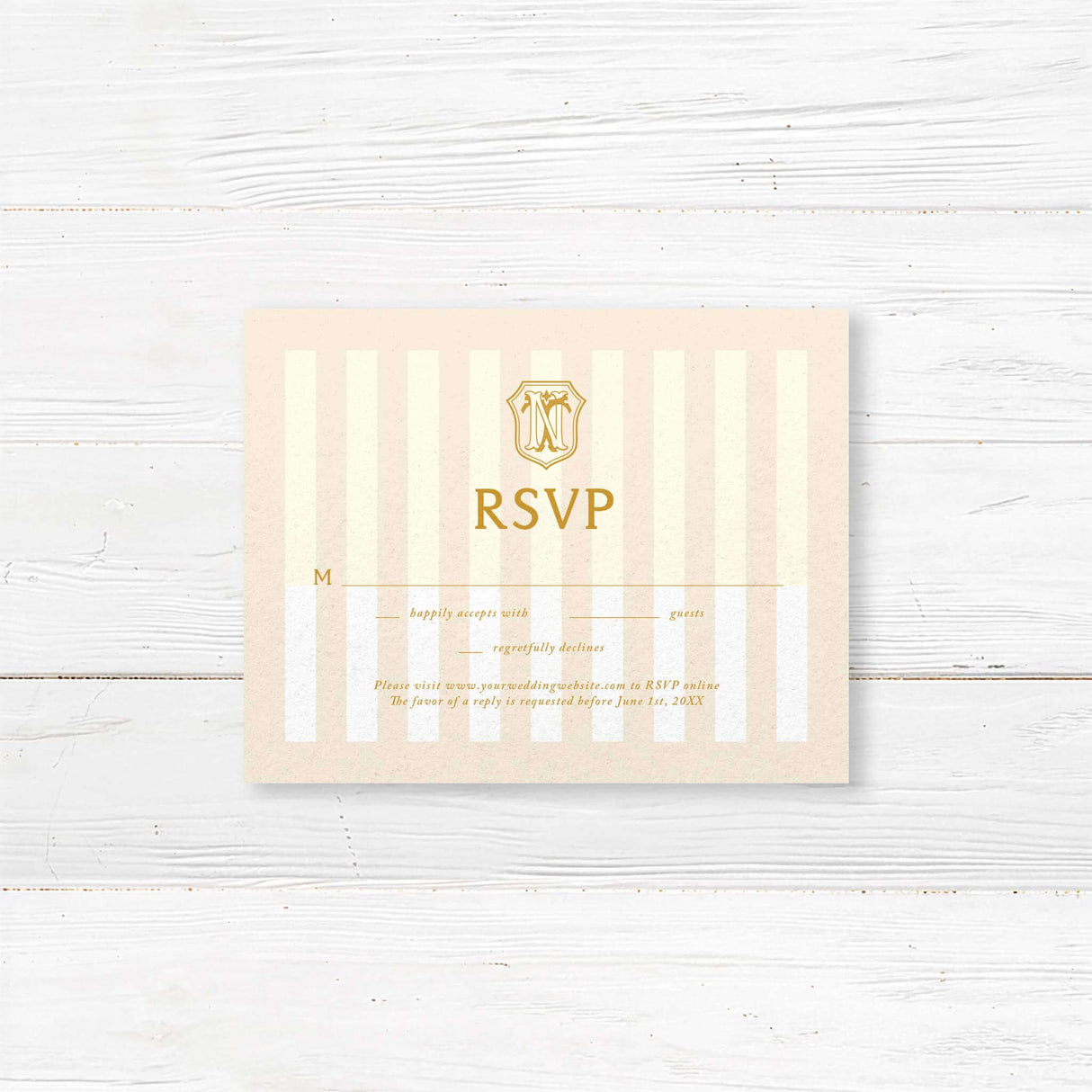 Gold and cream RSVP card with striped background and elegant serif font