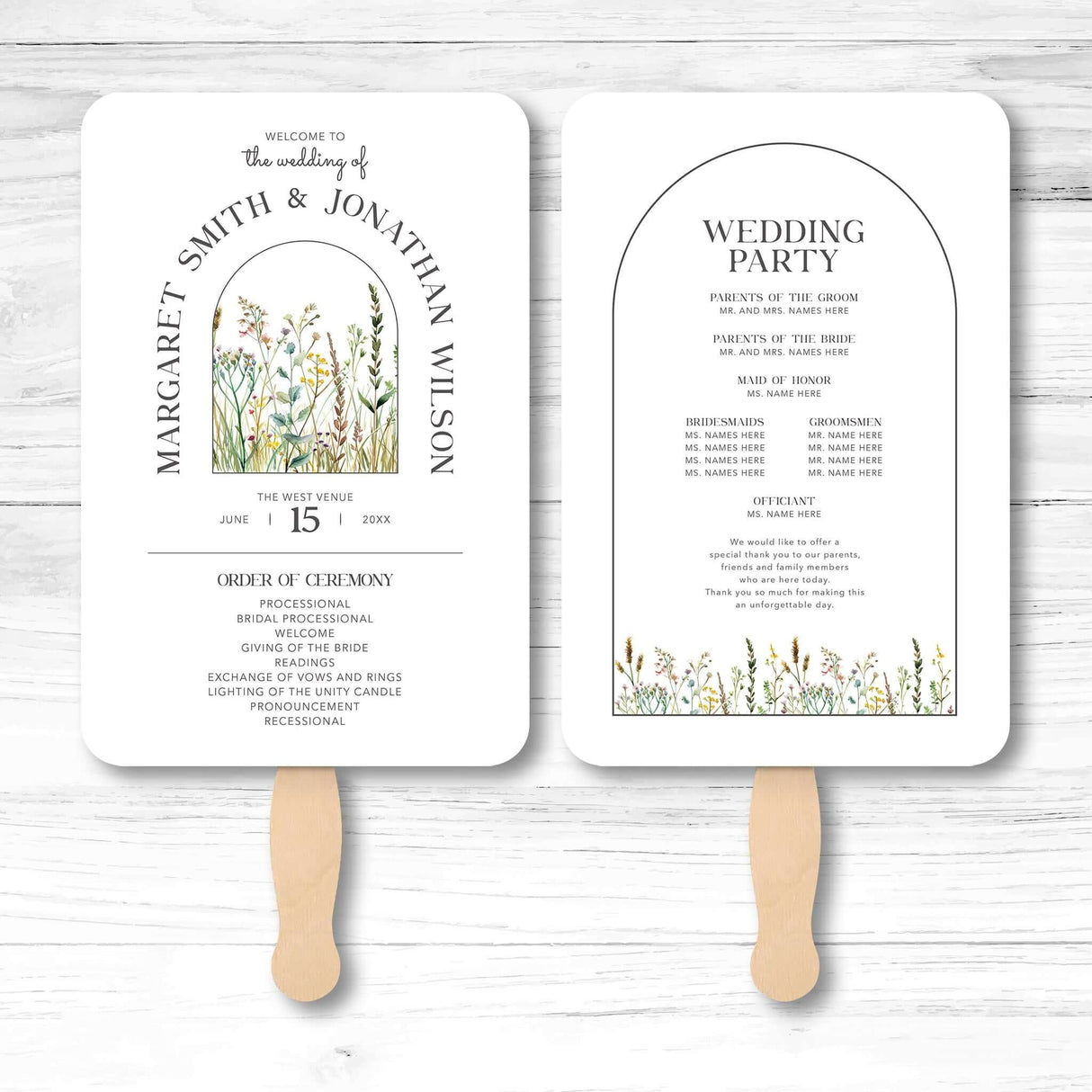 Wildflower wedding program fan with daisies and lavender, wooden handle, double-sided layout for ceremony order and wedding party list