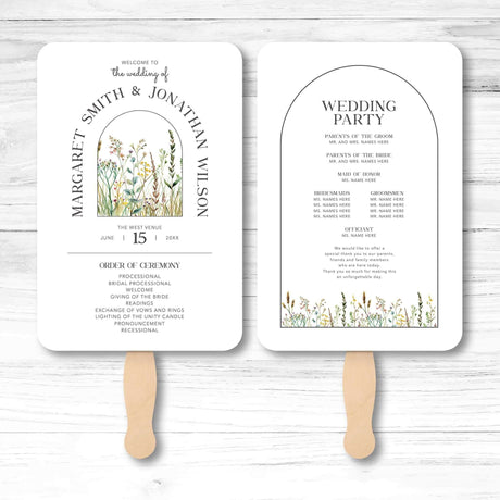 Wildflower wedding program fan with daisies and lavender, wooden handle, double-sided layout for ceremony order and wedding party list