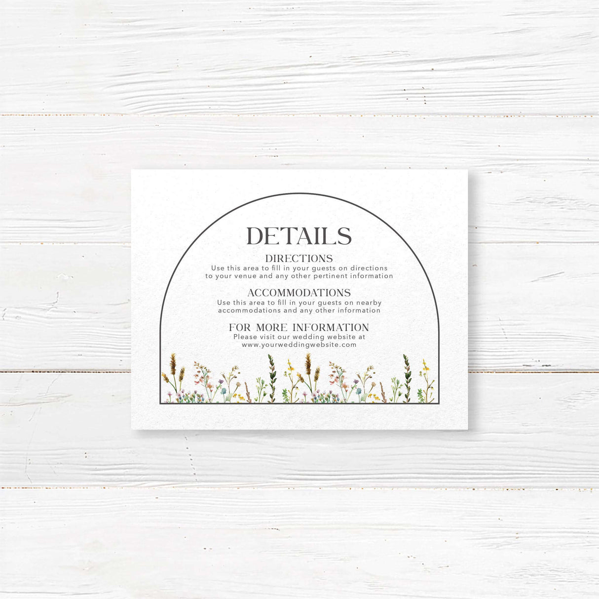 Minimalist wedding details card featuring soft wildflower illustrations and a modern arch frame. Perfect for sharing accommodations, reception venue, and wedding website info. Printed on luxury cardstock to complement rustic, botanical, and modern wedding themes.