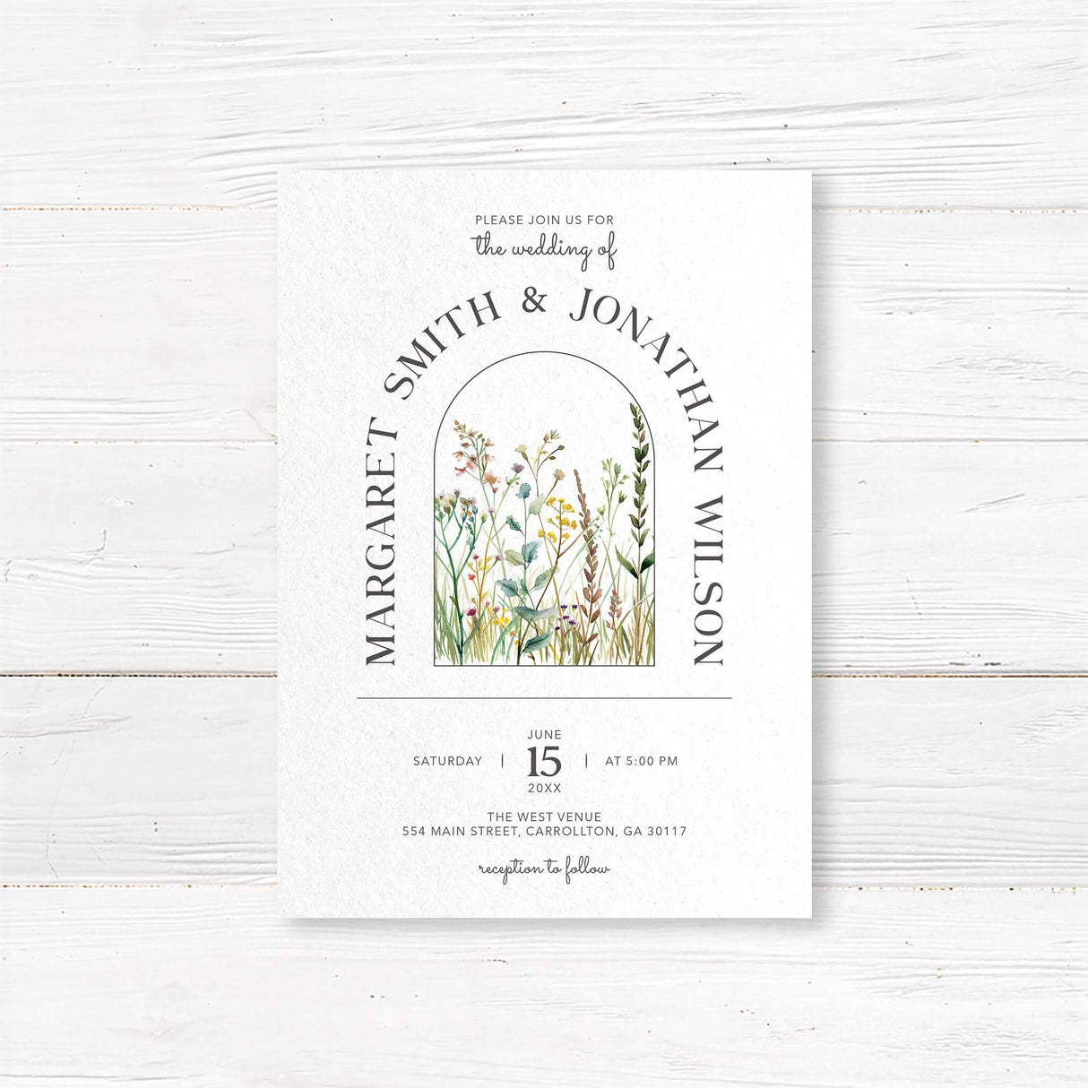 Elegant arch wedding invitation with delicate watercolor wildflowers on textured cardstock. Customizable with names, wedding date, and venue details. Perfect for rustic outdoor weddings, botanical ceremonies, and modern minimalist weddings. Printed on premium cardstock with matching envelopes for a timeless wedding stationery suite.
