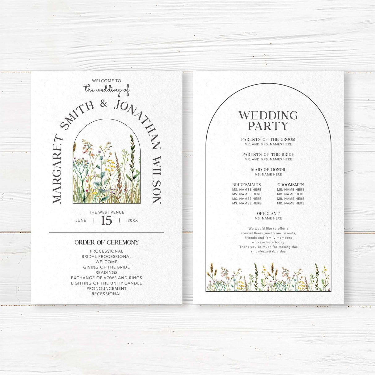 Modern botanical wedding program with soft watercolor wildflowers and a stylish arch design. Custom printed on premium cardstock. Includes ceremony order, bridal party names, and special messages. Perfect for rustic outdoor weddings, garden ceremonies, and minimalist wedding themes.