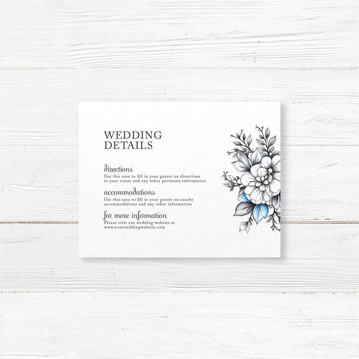 Complete your wedding suite with a printed detail card, perfect for sharing directions, accommodations, and reception details. Designed to match the Summer Azure floral invitation suite, this card is printed on thick 100 lb cardstock with a timeless blue floral frame. Ideal for rustic, elegant, and vintage weddings, this customizable wedding insert ensures guests have all the essential event details.