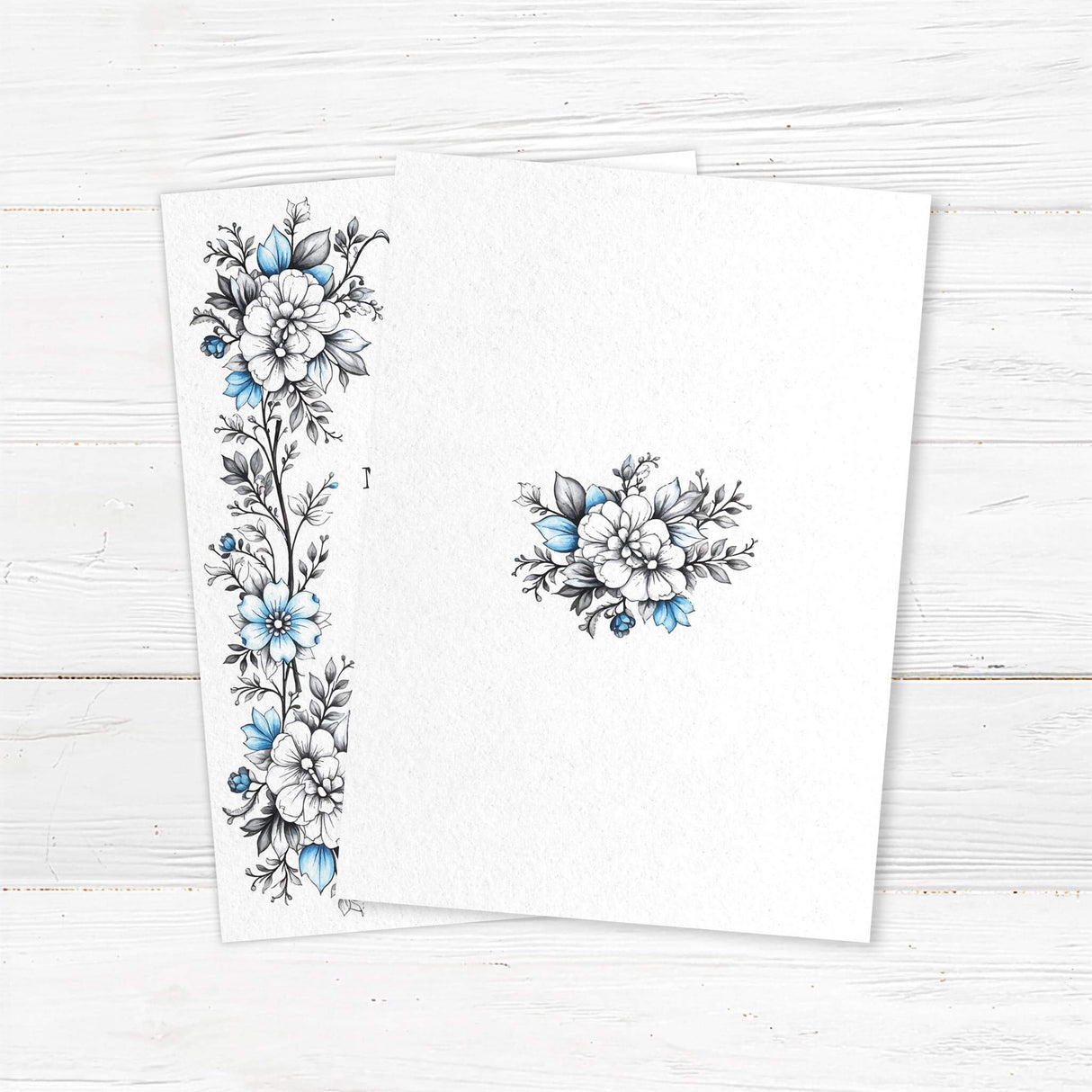 Elegant printed wedding invitation featuring intricate blue floral illustrations on 100 lb cardstock. The design showcases a timeless blend of hand-drawn floral elements with gothic and vintage aesthetics, making it perfect for romantic, modern, or classic weddings. Fully customizable with names, date, venue details, and reception information. back