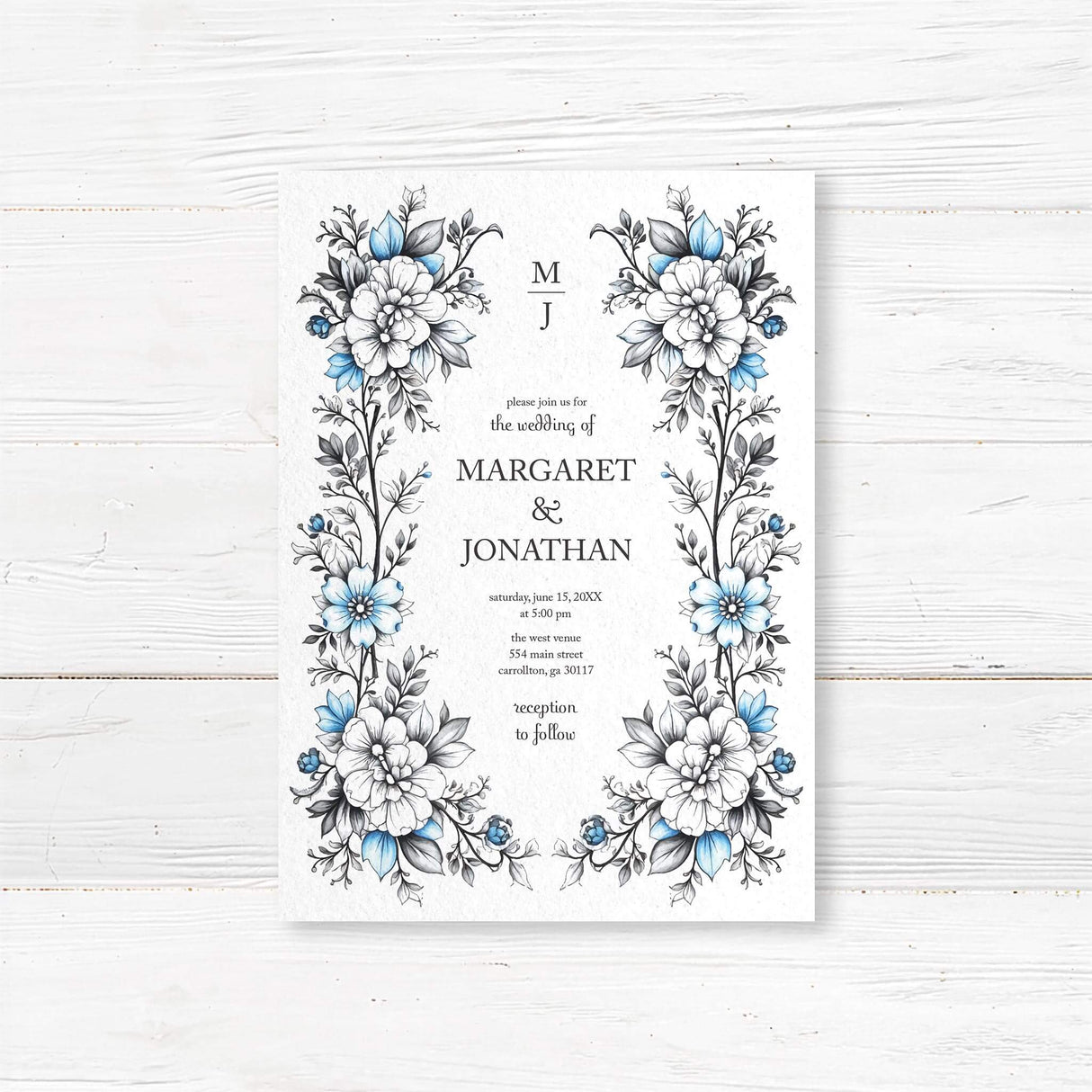 Elegant printed wedding invitation featuring intricate blue floral illustrations on 100 lb cardstock. The design showcases a timeless blend of hand-drawn floral elements with gothic and vintage aesthetics, making it perfect for romantic, modern, or classic weddings. Fully customizable with names, date, venue details, and reception information.l