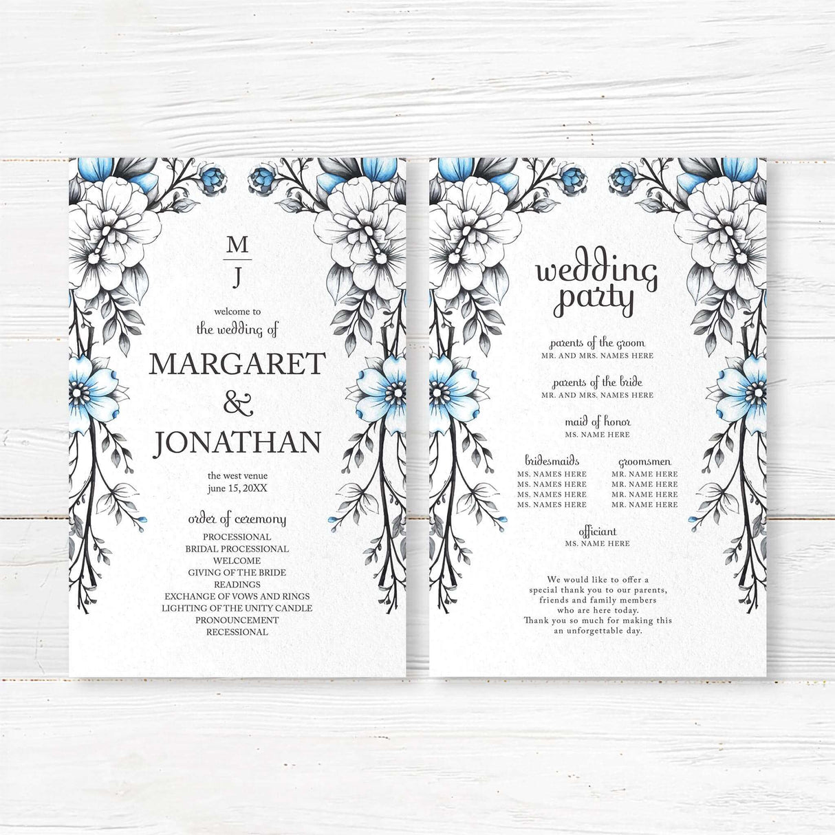 Guide your guests through your wedding day itinerary with this printed wedding program, designed with elegant floral artwork in shades of blue and black. Printed on luxury 100 lb cardstock, this custom ceremony program includes space for the wedding timeline, bridal party names, and special notes. Perfect for vintage, romantic, and formal weddings, this personalized program ensures guests stay informed.