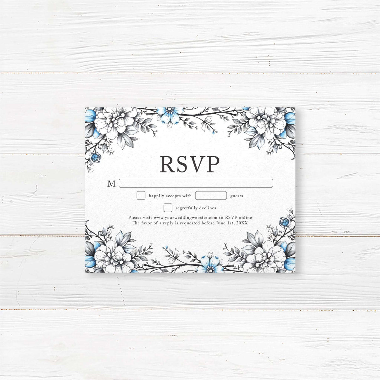 Ensure a smooth RSVP process with this printed wedding RSVP card, featuring a romantic blue floral design on 100 lb premium cardstock. The card includes customizable meal selections and response options for guests, perfectly coordinating with your floral wedding invitation suite. Ideal for formal, classic, or vintage-themed weddings, this personalized RSVP card includes an optional envelope for convenience.