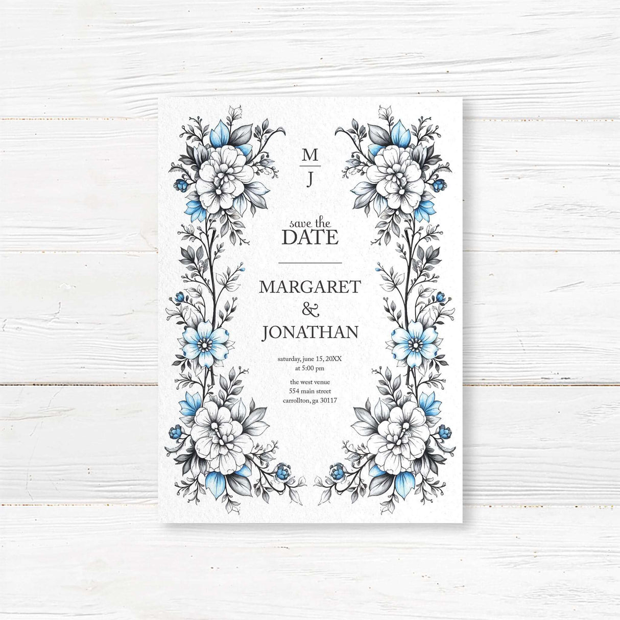 Announce your wedding in style with a printed Save the Date card featuring a stunning hand-drawn floral border in shades of blue and black. Printed on premium 100 lb cardstock, this custom Save the Date ensures an elegant first impression. Ideal for romantic, gothic, modern, or vintage wedding themes, with personalized details including names, wedding date, and location.