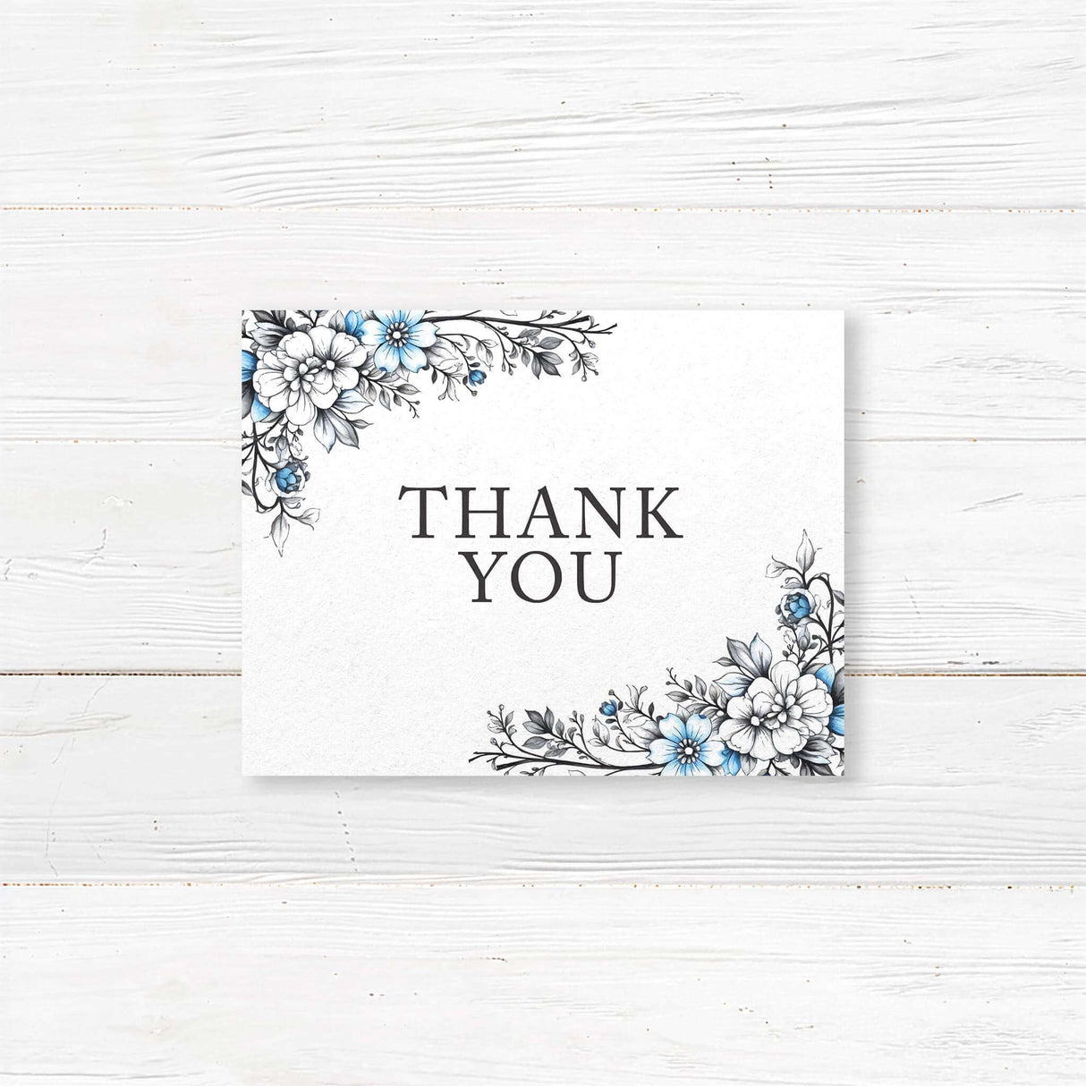 Express gratitude with this printed thank you card, featuring delicate blue floral details on 100 lb premium cardstock. This wedding thank you card is fully customizable with your personalized message, names, and optional handwritten note. A perfect match to the floral invitation suite, it’s ideal for romantic, elegant, and vintage weddings. Envelopes are included for easy mailing.